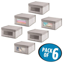 Load image into Gallery viewer, Top mdesign soft stackable fabric closet storage organizer holder bin with clear window attached hinged lid for bedroom hallway entryway bathroom textured print medium 6 pack linen tan