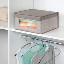 Load image into Gallery viewer, The best mdesign soft stackable fabric closet storage organizer holder bin with clear window attached hinged lid for bedroom hallway entryway bathroom textured print medium 6 pack linen tan