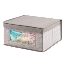 Load image into Gallery viewer, Shop here mdesign soft stackable fabric closet storage organizer holder bin with clear window attached hinged lid for bedroom hallway entryway bathroom textured print medium 6 pack linen tan