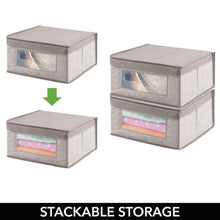 Load image into Gallery viewer, Storage organizer mdesign soft stackable fabric closet storage organizer holder bin with clear window attached hinged lid for bedroom hallway entryway bathroom textured print medium 6 pack linen tan