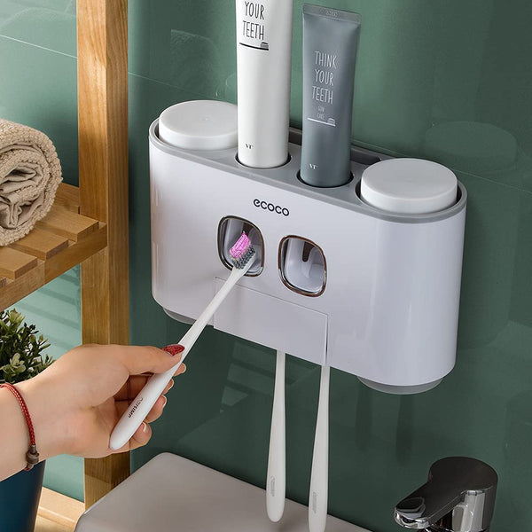 Toothbrush Holder with Toothpaste Dispenser Wall Mounted for Bathroom-Automatic Electric Tooth Pastetooth Squeezer-Bathroom Organizer Storage Accessories Set for Kids with 6 Toothbrush Organizer Slots $19.49
