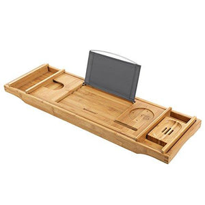 SONGMICS Extendable Bathtub Tray Caddy Bamboo Wood Bathroom Organizer with Adjustable Extending Sides Rack for Wine Books iPad Phone Free Soap Holder UBCB88Y