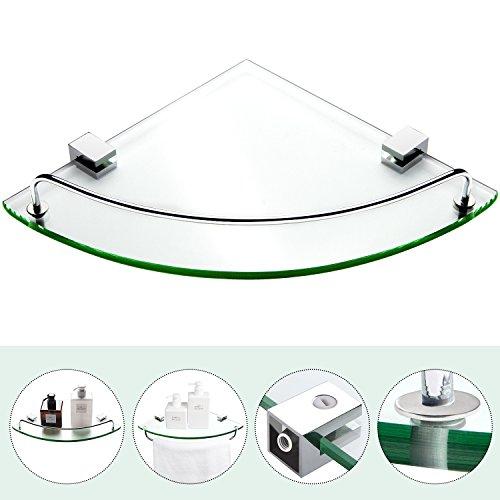 Bathroom Tempered Glass Corner Shelf, Vdomus Stainless Steel Shower Shelf with Rail, Polished Chrome