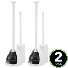Load image into Gallery viewer, Organize with mdesign modern slim compact freestanding plastic toilet bowl brush cleaner and plunger combo set kit with holder caddy for bathroom storage and organization covered lid brush 2 pack white