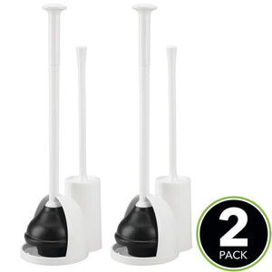 Organize with mdesign modern slim compact freestanding plastic toilet bowl brush cleaner and plunger combo set kit with holder caddy for bathroom storage and organization covered lid brush 2 pack white