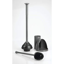Load image into Gallery viewer, Discover the mdesign modern slim compact freestanding plastic toilet bowl brush cleaner and plunger combo set kit with holder caddy for bathroom storage and organization covered lid brush 2 pack charcoal gray