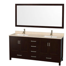 Load image into Gallery viewer, Home wyndham collection sheffield 72 inch double bathroom vanity in espresso ivory marble countertop undermount square sinks and 70 inch mirror