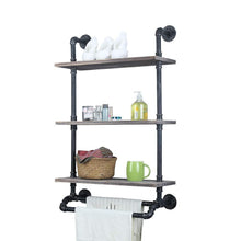 Load image into Gallery viewer, Related industrial bathroom shelves wall mounted with 2 towel bar 24in rustic pipe shelving 3 tiered wood shelf black farmhouse towel rack metal floating shelves towel holder iron distressed shelf over toilet