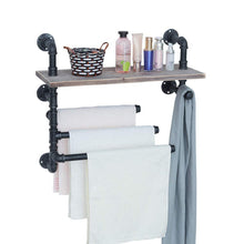 Load image into Gallery viewer, Top industrial towel rack with 3 towel bar 24in rustic bathroom shelves wall mounted farmhouse black pipe shelving wood shelf metal floating shelves towel holder iron distressed shelf over toilet