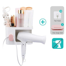 Load image into Gallery viewer, Amazon aritan wall mounted hair dryer holder rack no drilling styling tool organizer storage basket for bathroom give 10 hooks 1 soap holder