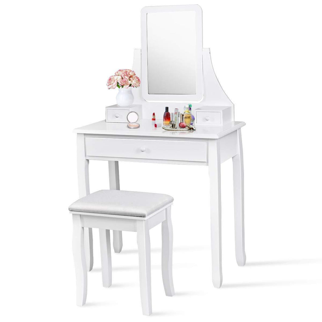 Buy now giantex bathroom vanity dressing table set 360 rotate mirror pine wood legs padded stool dressing table girls make up vanity set w stool rectangle mirror 3 drawers white