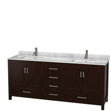 Load image into Gallery viewer, Shop wyndham collection sheffield 80 inch double bathroom vanity in espresso white carrera marble countertop undermount square sinks and 70 inch mirror