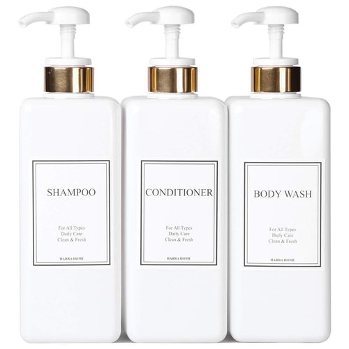 Purchase harra home modern gold design pump bottle set 27 oz refillable shampoo and conditioner dispenser empty shower plastic bottles with pump for bathroom lotion body wash massage oils pack of 3 white