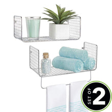 Load image into Gallery viewer, Great mdesign metal wire farmhouse wall decor storage organizer shelving set 1 shelf with towel bar for bathroom laundry room kitchen garage wall mount 2 pieces chrome