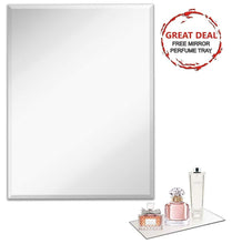 Load image into Gallery viewer, Results frameless rectangular wall mirror 24 w x 36 h large beveled edge glass panel hangs horizontal vertical for vanity bathroom bedroom gym free perfume tray with every purchase 24 x 36