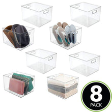 Load image into Gallery viewer, On amazon mdesign plastic home storage basket bin with handles for organizing closets shelves and cabinets in bedrooms bathrooms entryways and hallways store sweaters purses 8 high 8 pack clear