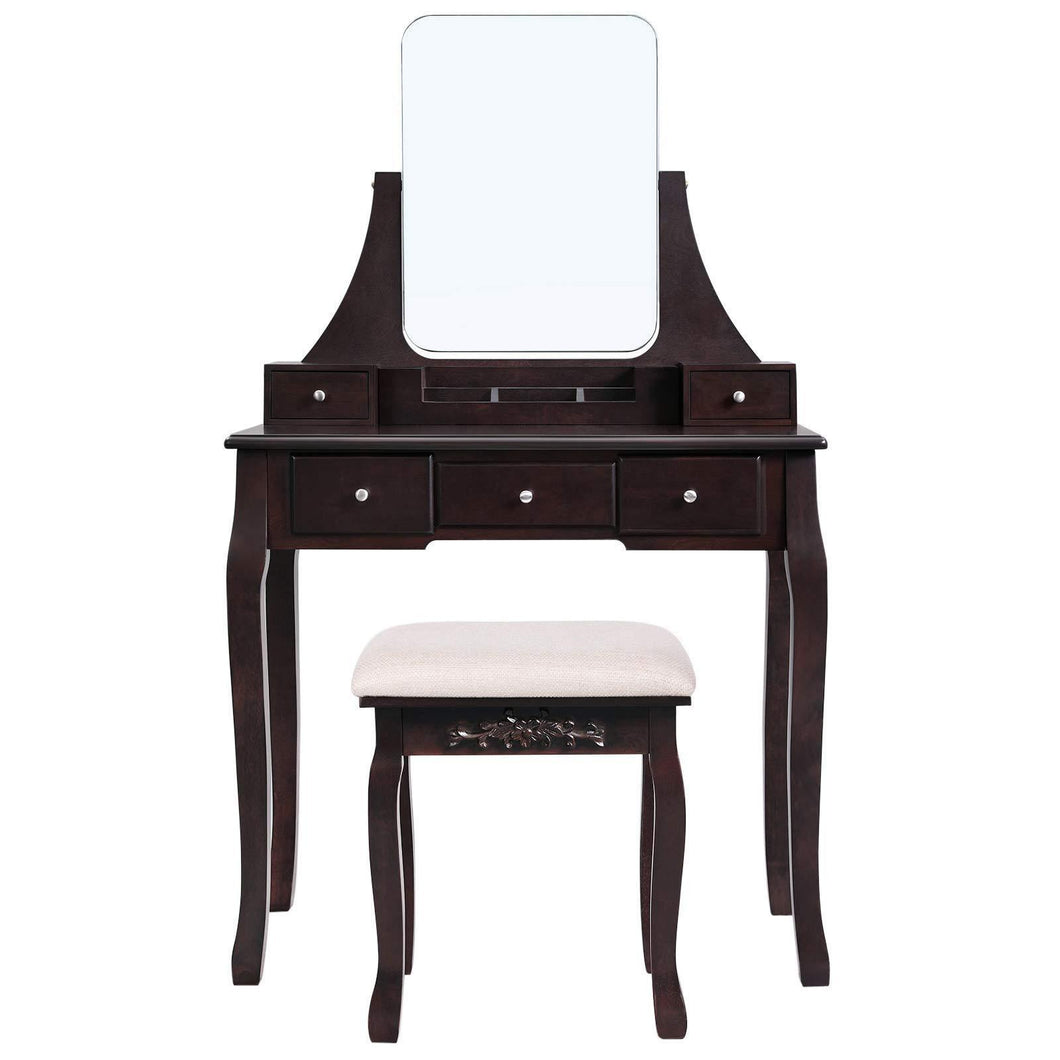 Shop for vasagle vanity table set with large frameless mirror makeup dressing table set for bedroom bathroom 5 drawers and 1 removable storage box cushioned stool walnut urdt25wn
