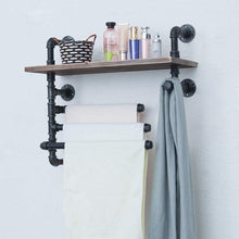 Load image into Gallery viewer, Try industrial towel rack with 3 towel bar 24in rustic bathroom shelves wall mounted farmhouse black pipe shelving wood shelf metal floating shelves towel holder iron distressed shelf over toilet