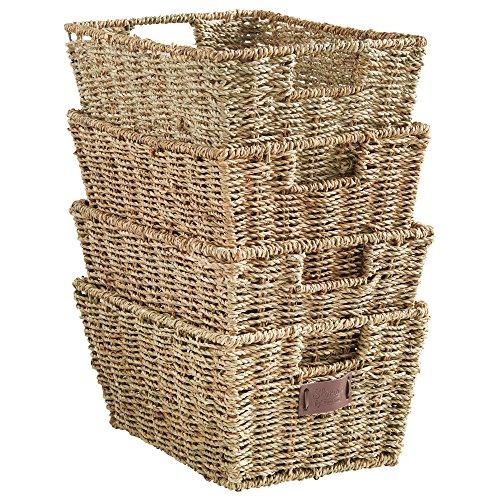 VonHaus Set of 4 Seagrass Storage Baskets with Insert Handles - Home & Bathroom Organizer Baskets - 12(L) x 9(W) x 6(H) inches