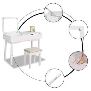 Shop here vanity set with dressing table flip top mirror organizer cushioned stool makeup wooden writing desk 2 drawers easy assembly beauty station bathroom white