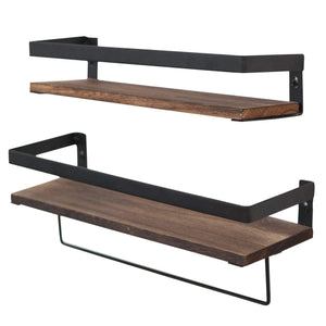 Best seller  y me bathroom storage shelf wall mounted set of 2 rustic wood floating shelves with removable towel bar perfect for kitchen bathroom carbonized brown