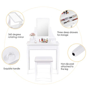 Discover the giantex bathroom vanity dressing table set 360 rotate mirror pine wood legs padded stool dressing table girls make up vanity set w stool rectangle mirror 3 drawers white