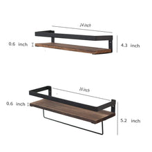 Load image into Gallery viewer, Amazon y me bathroom storage shelf wall mounted set of 2 rustic wood floating shelves with removable towel bar perfect for kitchen bathroom carbonized brown
