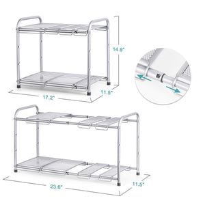 Discover bextsware under sink shelf organizer 2 tier storage rack with flexible expandable 15 to 27 inches for kitchen bathroom cabinet