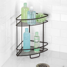 Load image into Gallery viewer, Exclusive interdesign axis free standing bathroom or shower corner storage shelves for towels soap shampoo lotion accessories soap 2 tier bronze