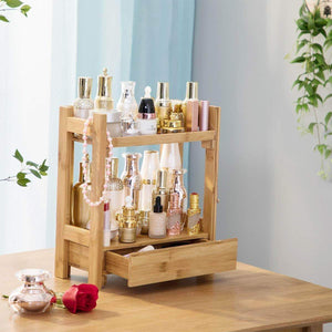Storage pelyn makeup organizer cosmetic storage vanity shelf display stand rack with drawer ideal for bathroom sink countertop dresser natural bamboo