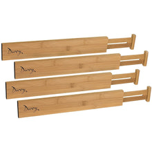 Load image into Gallery viewer, Amazon bamboo wooden drawer divider set of 4 adjustable organizers natural organic bamboo expandable spring loaded works in kitchen dresser bathroom bedroom desk baby