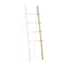 Load image into Gallery viewer, The best umbra hub ladder adjustable clothing rack for bedroom or freestanding towel rack for bathroom expands from 16 to 24 inches with 4 notched hooks white natural