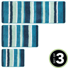Load image into Gallery viewer, Buy now mdesign soft microfiber polyester spa rugs for bathroom vanity tub shower water absorbent machine washable plush non slip rectangular accent rug mat striped design set of 3 sizes teal blue