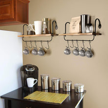 Load image into Gallery viewer, Budget o kis wall floating shelves for kitchen bathroom coffee nook with 10 adjustable hooks for mugs cooking utensils or towel rustic storage shelves set of 2