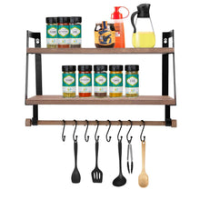 Load image into Gallery viewer, Storage organizer halcent wall shelves wood storage shelves with towel bar floating shelves rustic 2 tier bathroom shelf kitchen spice rack with hooks for bathroom kitchen utensils