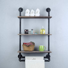 Load image into Gallery viewer, Selection industrial bathroom shelves wall mounted with 2 towel bar 24in rustic pipe shelving 3 tiered wood shelf black farmhouse towel rack metal floating shelves towel holder iron distressed shelf over toilet