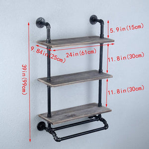 Select nice industrial bathroom shelves wall mounted with 2 towel bar 24in rustic pipe shelving 3 tiered wood shelf black farmhouse towel rack metal floating shelves towel holder iron distressed shelf over toilet