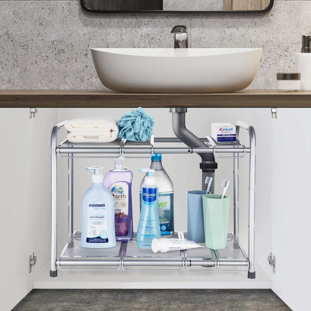 Buy bextsware under sink shelf organizer 2 tier storage rack with flexible expandable 15 to 27 inches for kitchen bathroom cabinet