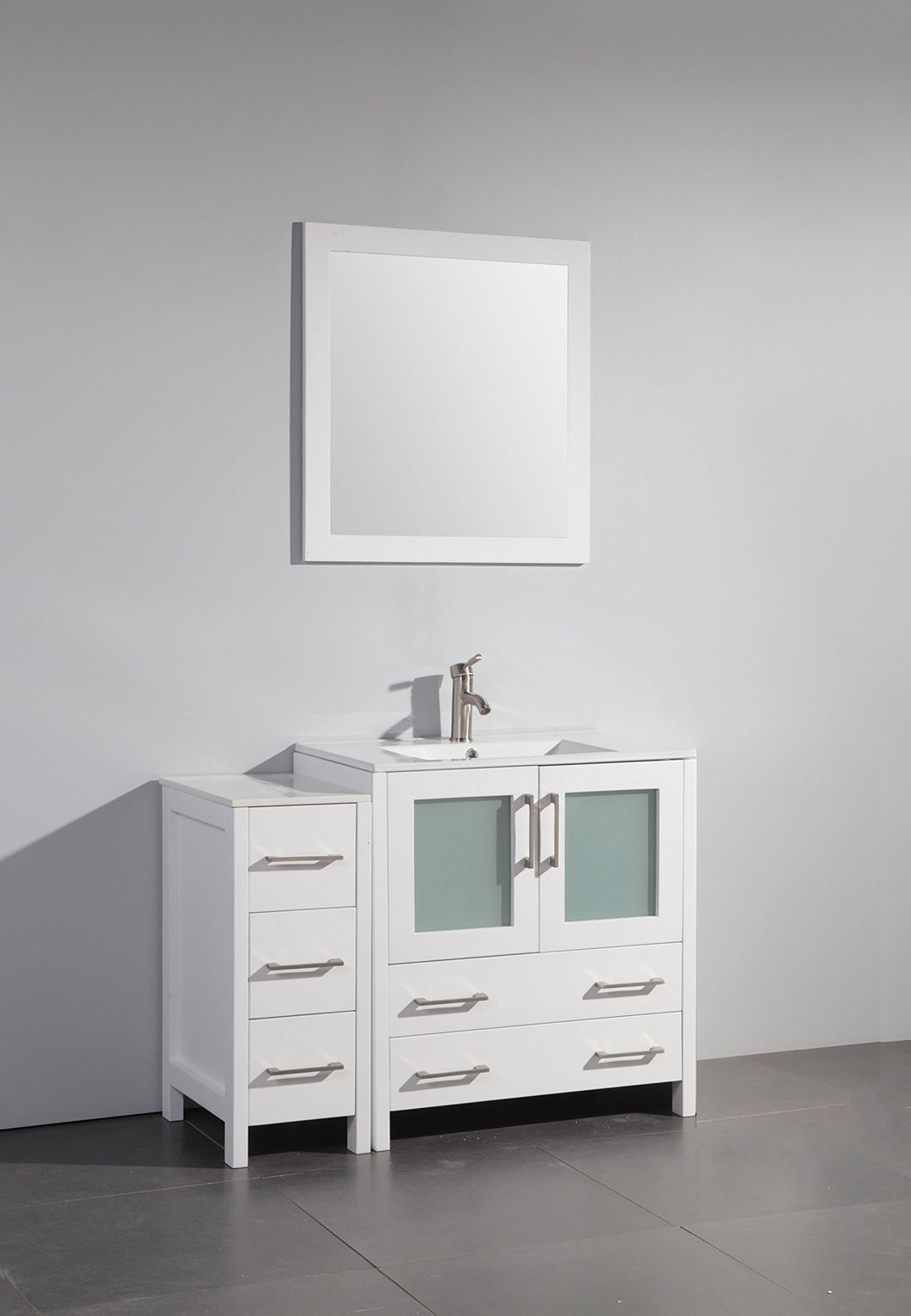 New vanity art 42 inch single sink bathroom vanity set free mirror compact 2 door 5 drawer with white ceramic top perfect bathroom organizer white