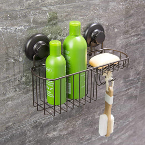 Exclusive hasko accessories powerful vacuum suction cup shower caddy basket for shampoo combo organizer basket with soap holder and hooks stainless steel holder for bathroom storage bronze